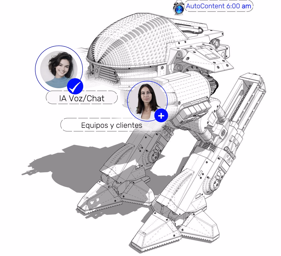 Robot ED-209 moderno representando el chatbot de IA empresarial